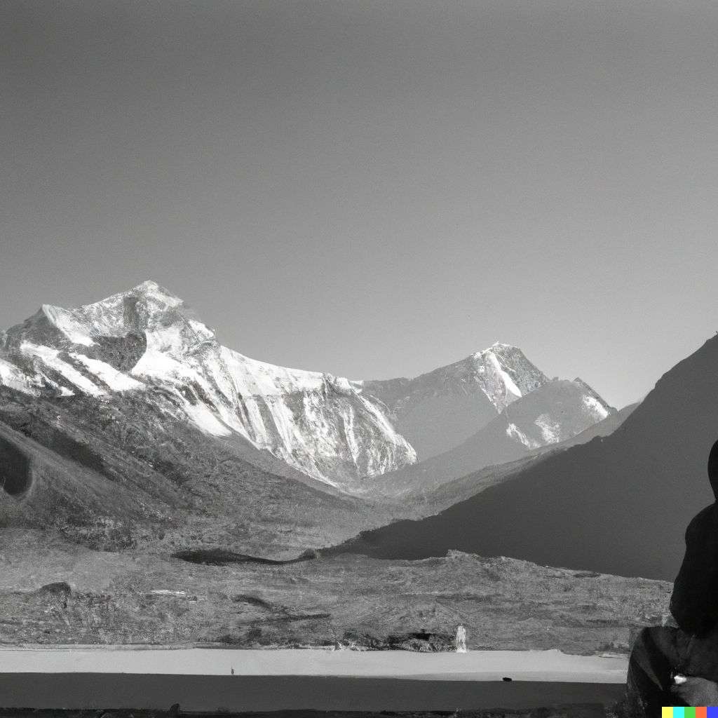 someone gazing at Mount Everest, photograph taken on Ilford Delta 400 film